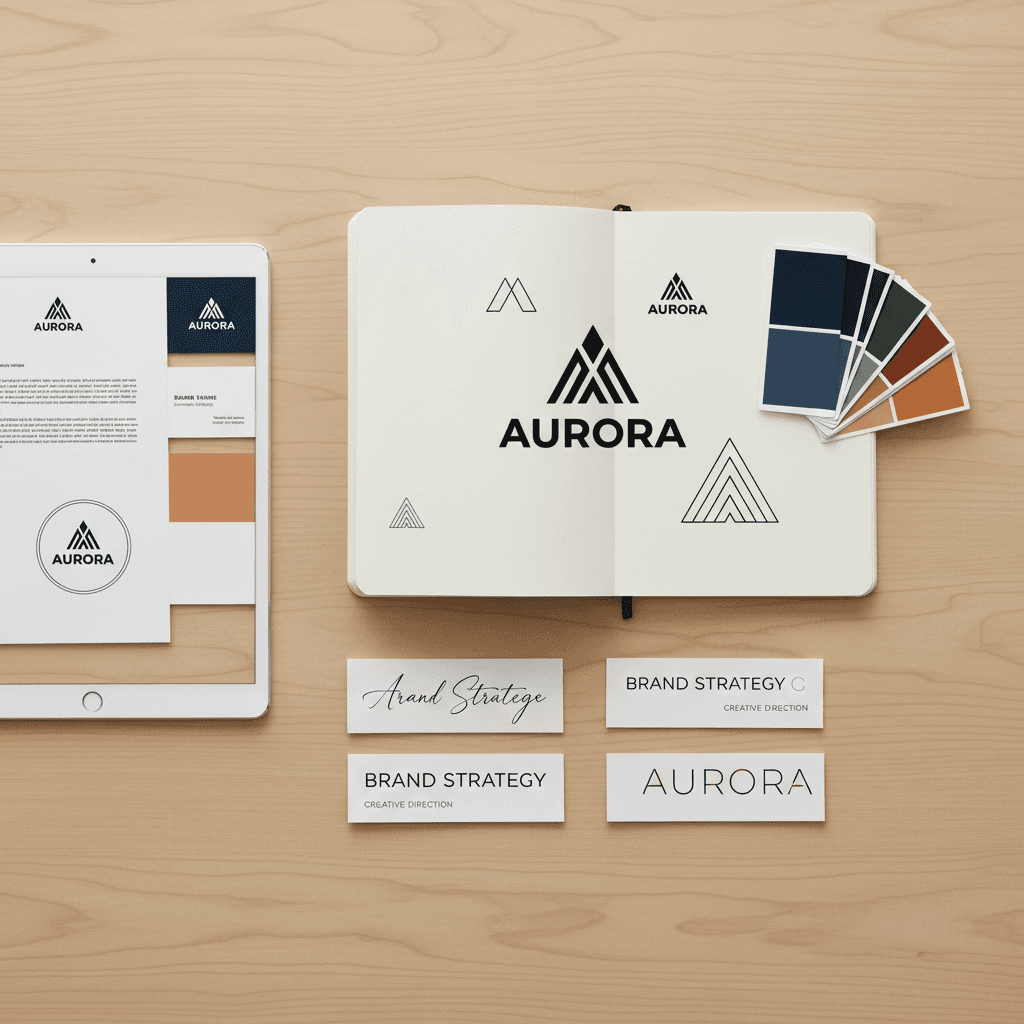 Branding materials including logo concepts and design assets