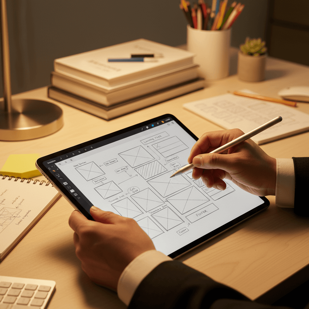 Designer sketching landing page wireframes and conversion layout concepts