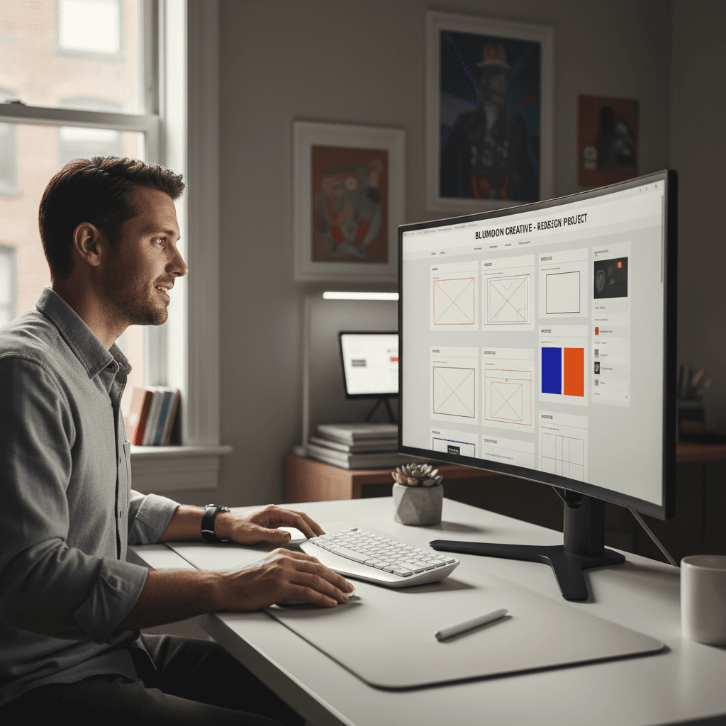 Designer reviewing high-converting website mockup on monitor