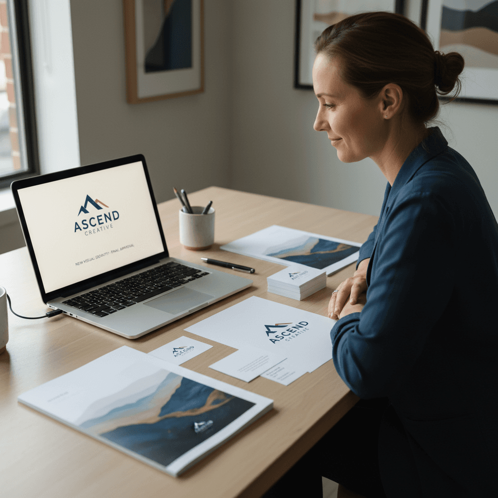 Small business owner reviewing new brand identity on laptop with printed materials