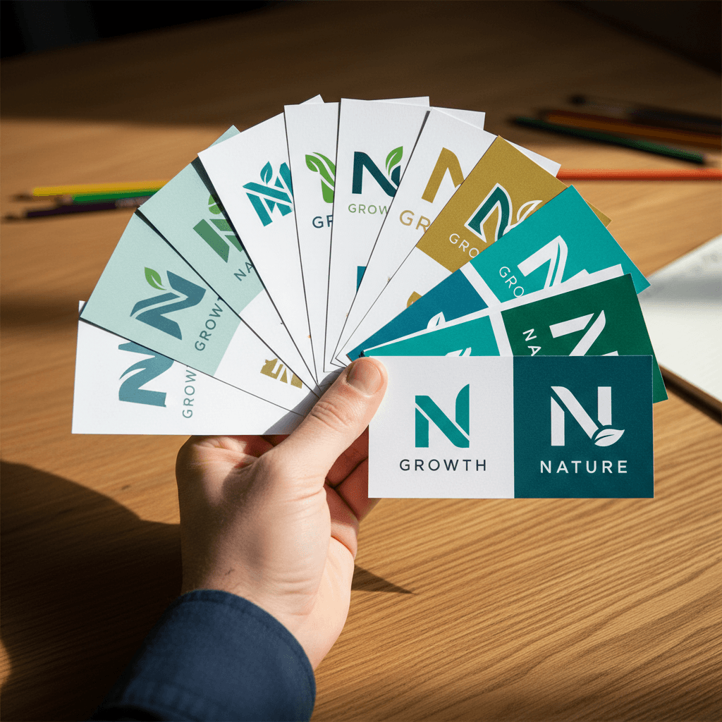 Designer displaying multiple logo concept variations and refinements