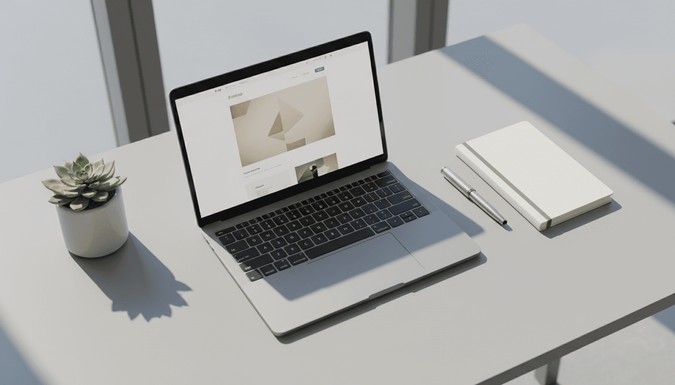 Professional workspace with laptop displaying a modern website design