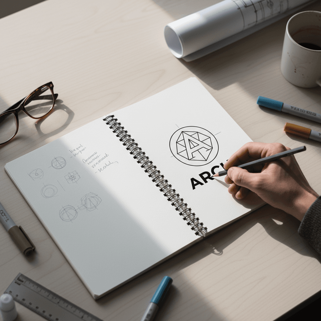 Designer sketching logo concepts on paper with precision tools