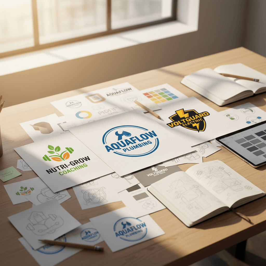 Branding and logo design concepts on designer's desk
