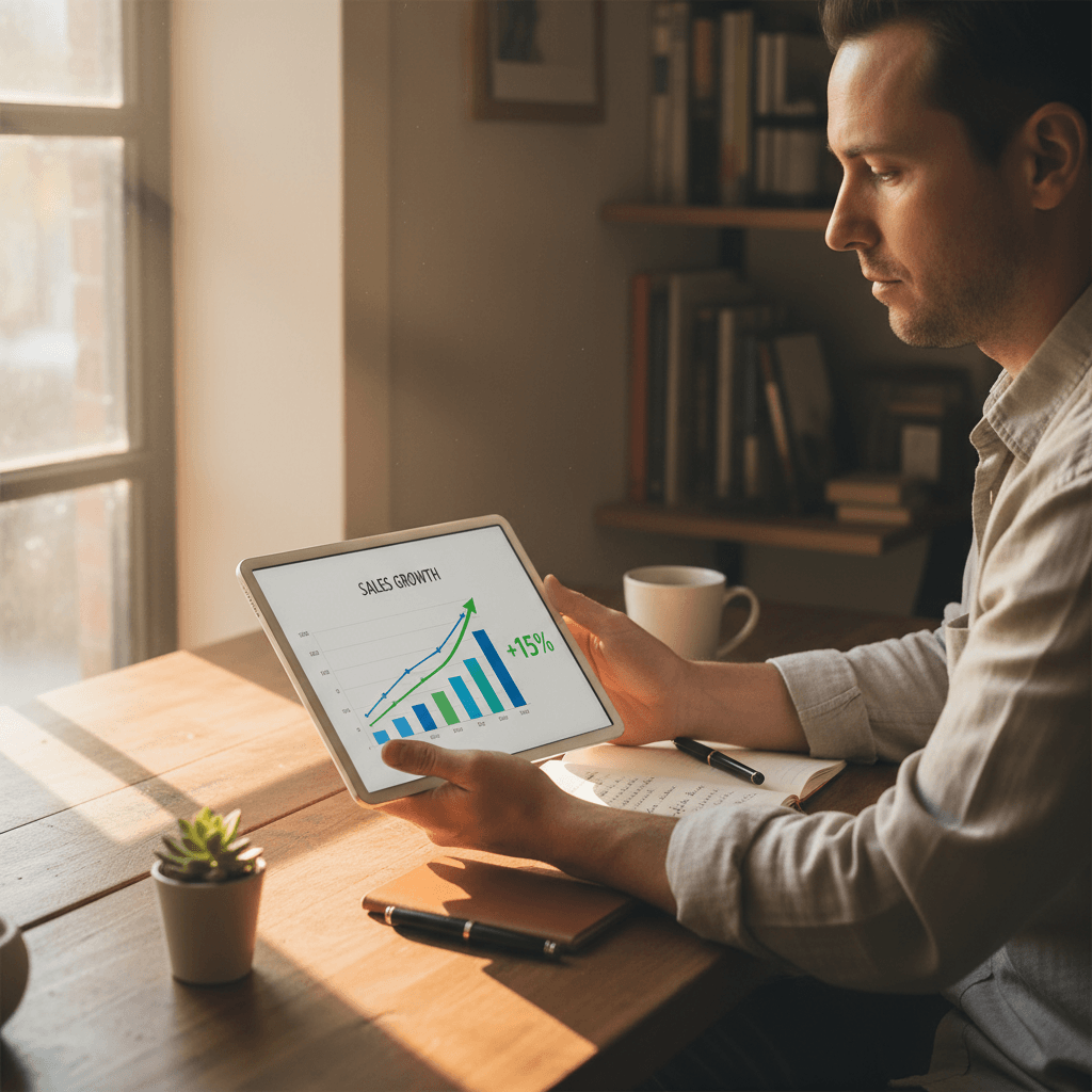 Small business owner reviewing conversion analytics and sales data on tablet