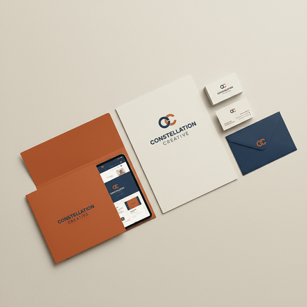 Branded business cards, letterhead, and envelope displaying cohesive logo design