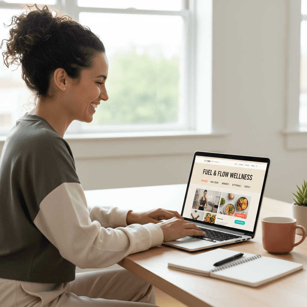 Small business owner viewing their newly launched website